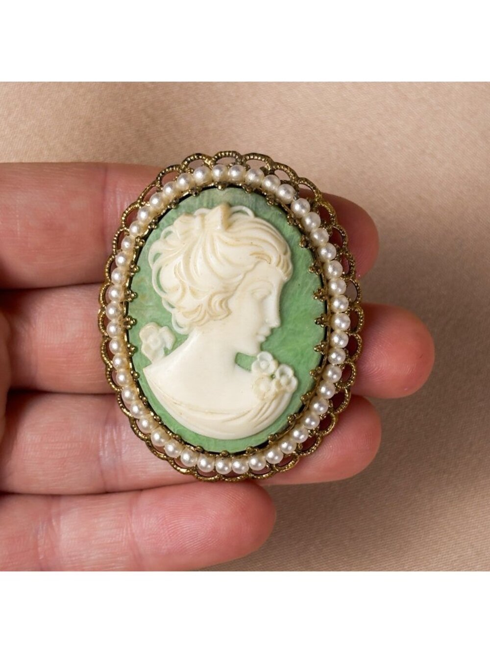 Vintage Green Ivory Tone Lady Cameo Brooch Pin Signed Germany Ornate Filigree A5